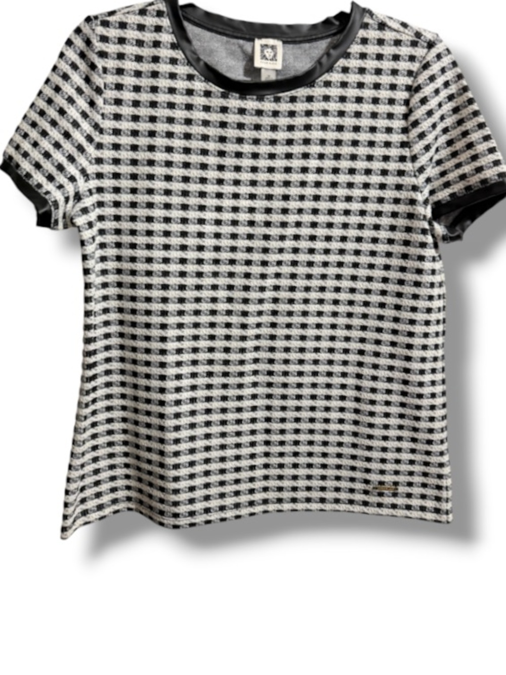 Anne Klein Women’s Black & White Check Knit Short Sleeve Preppy Top Pleather